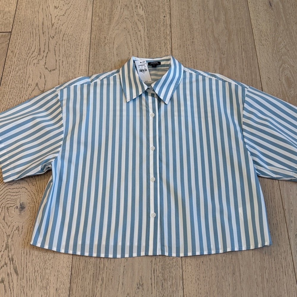 Express Stretch Cotton Poplin Stripped Short Sleeve Cropped Button Down Shirt - Picture 1 of 13